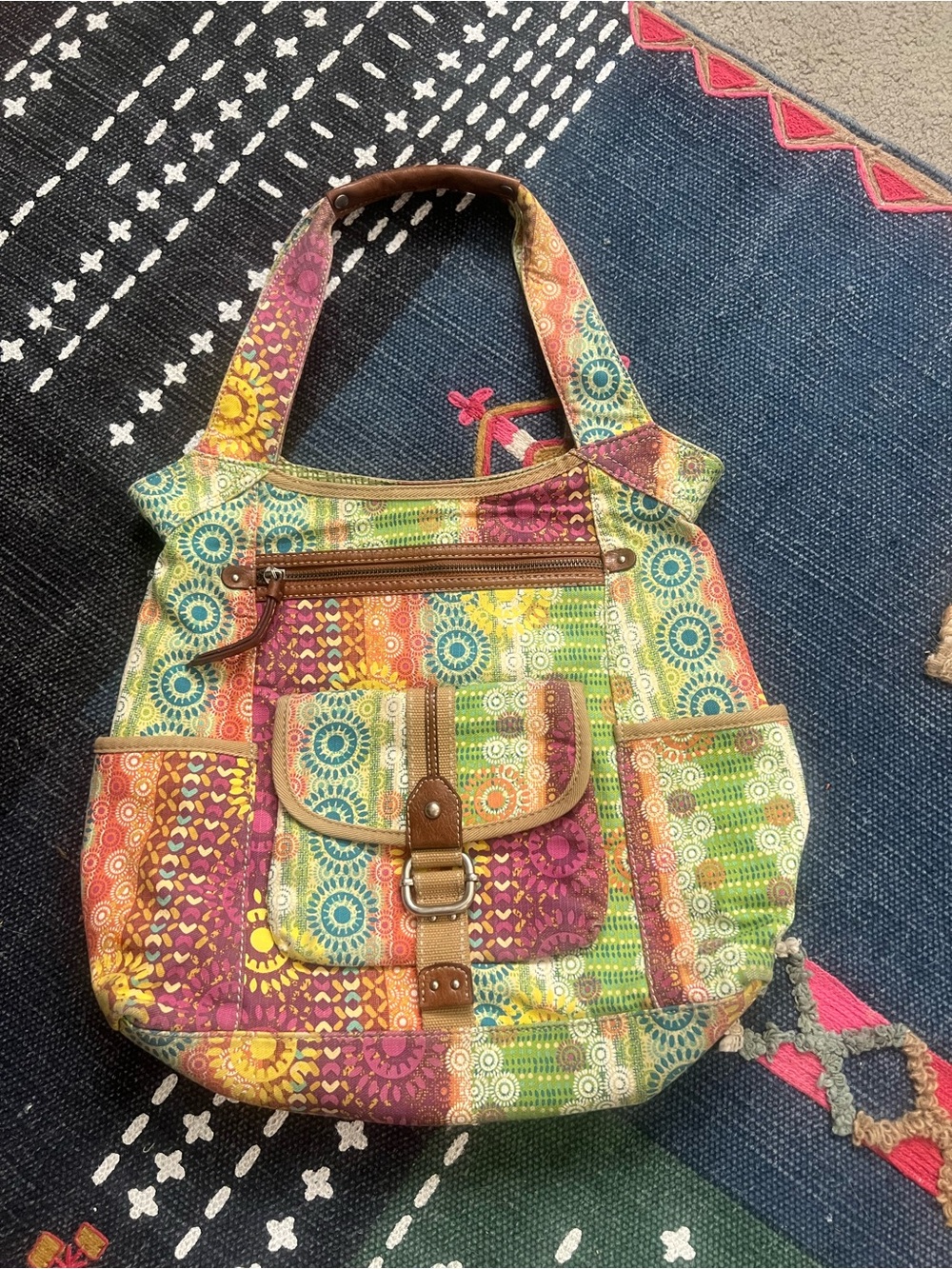 Y2K Fossil Patchwork Canvas Tote Bag Colorful Boho Floral Shoulder Bag